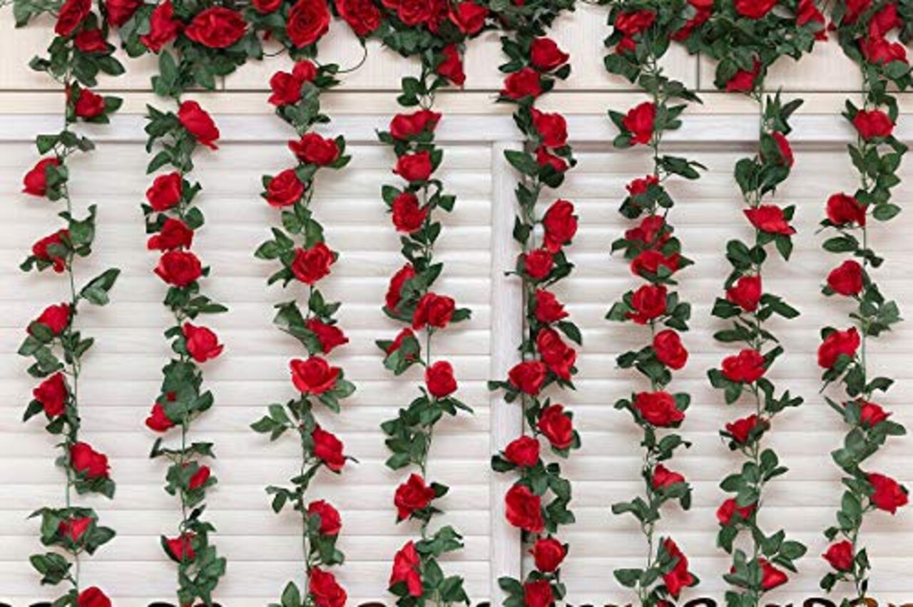 2 Pack (16FT) Artificial Rose Vine Flowers Plants Fake Flower Vine for Wedding Home Party Garden Craft Art Decor Red